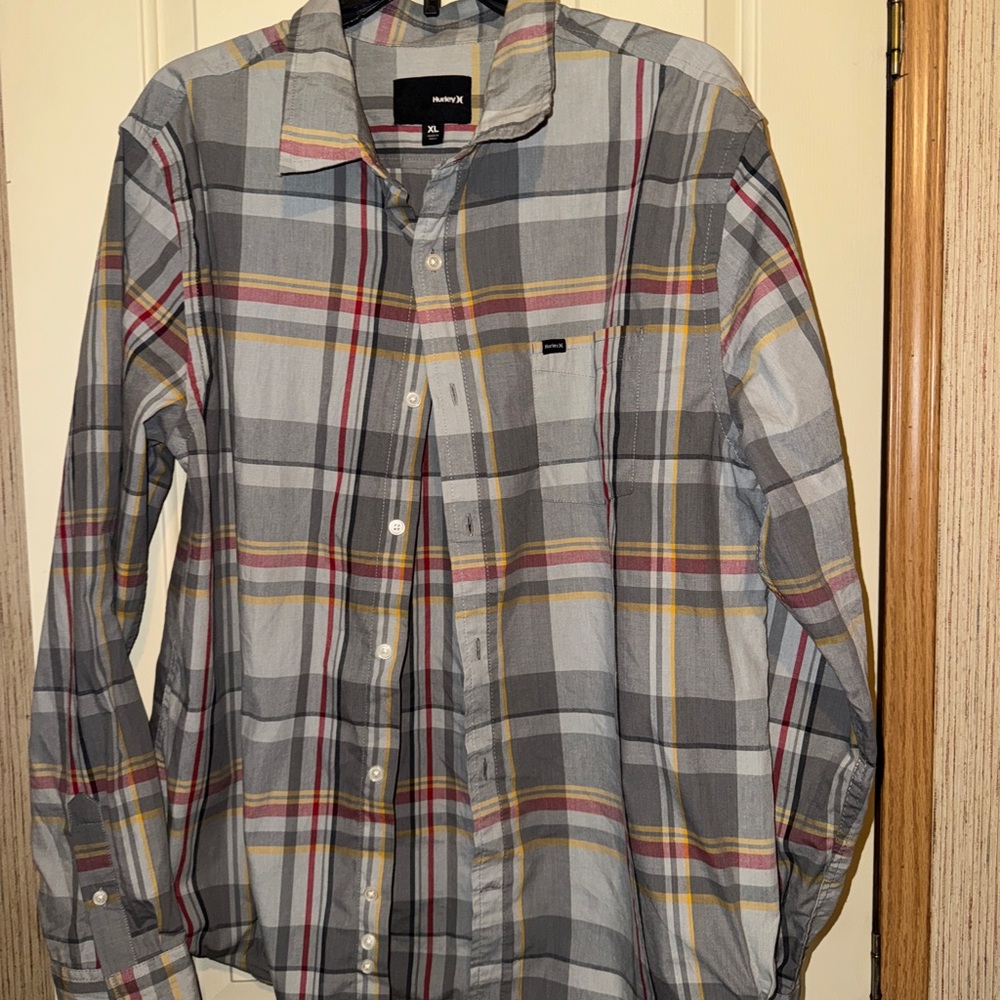 Hurley Gray and Red Plaid Button Down Shirt